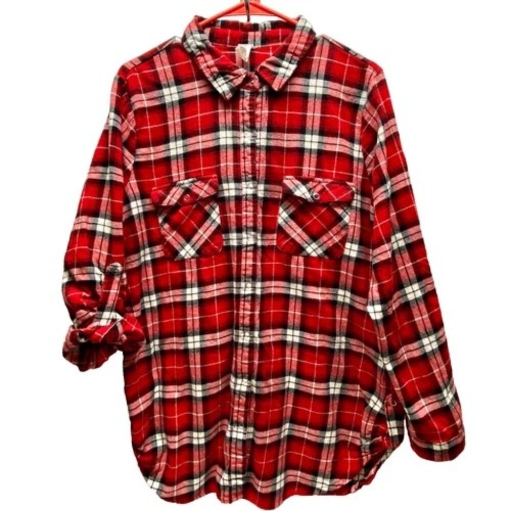 Derek Heart Snap Button Shirt Women's XXL Red Plaid Top Roll Tab Sleeve Snaps‎